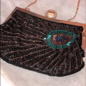 Peacock glass beaded clutch and Ring clasp